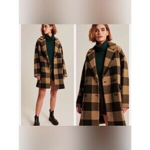 Abercrombie & Fitch wool blend Oversized Pea Coat Brown Black Plaid small petite